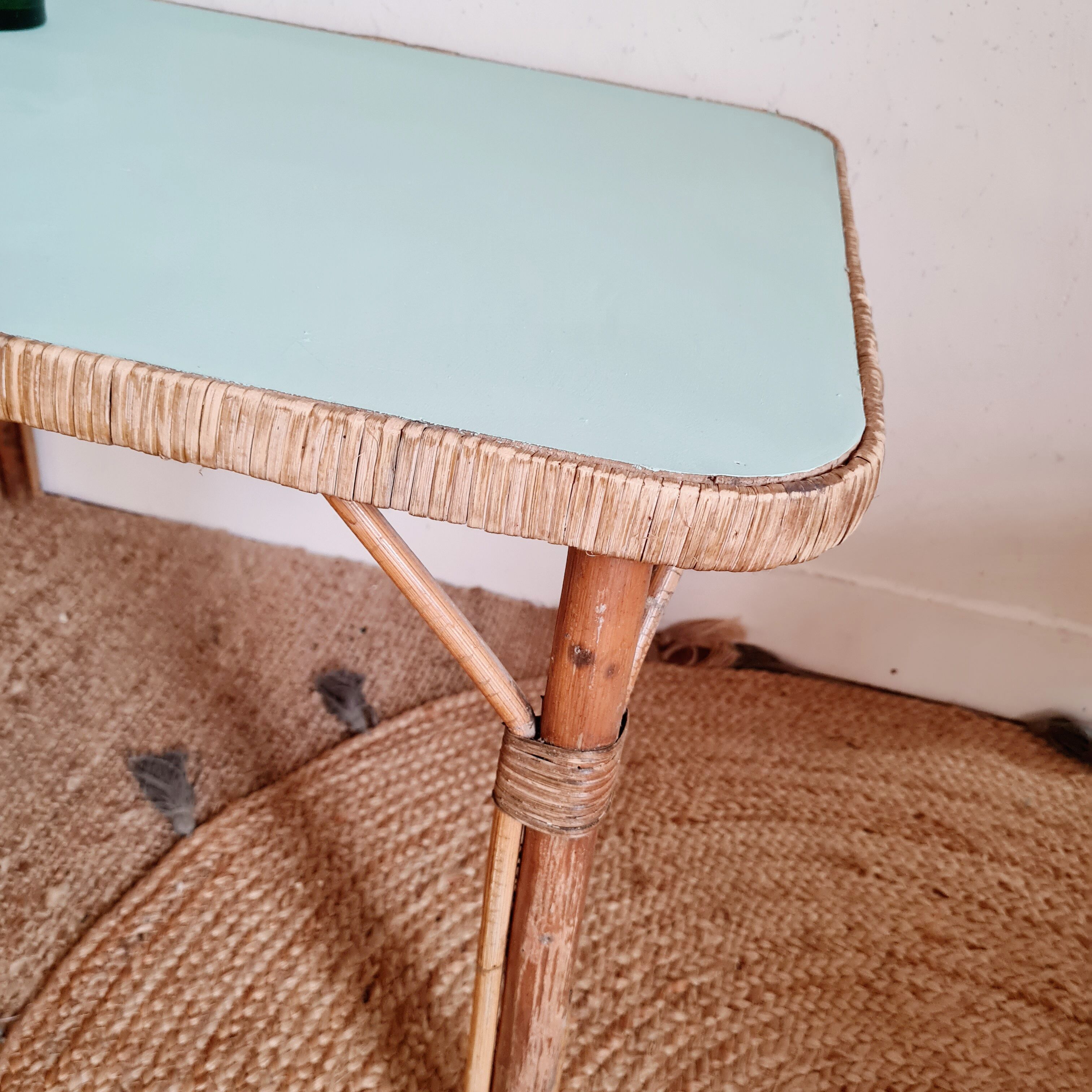 Rattan coffee table blue top