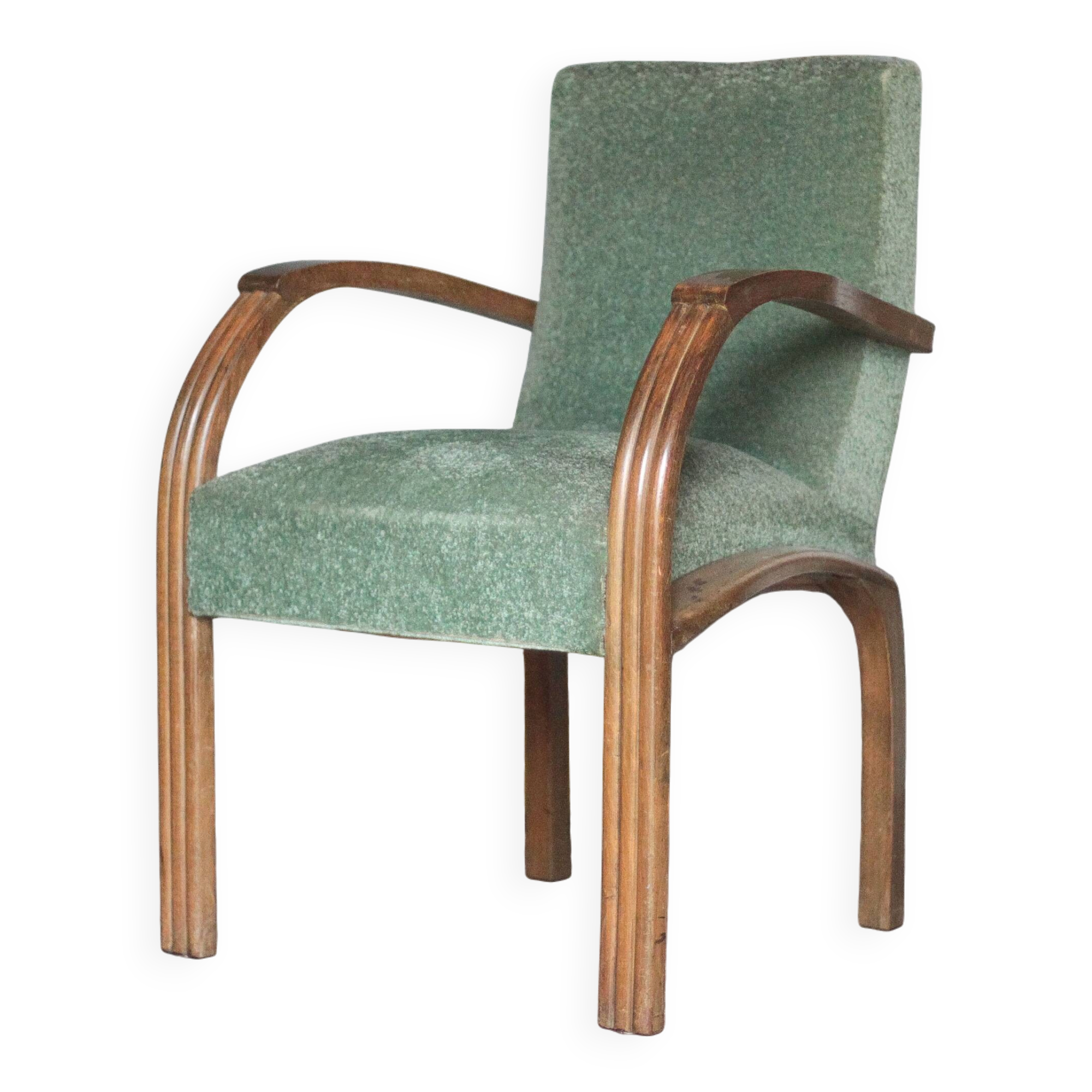 Art Deco armchair in wood and green fabric, living room armchair, interior decor.