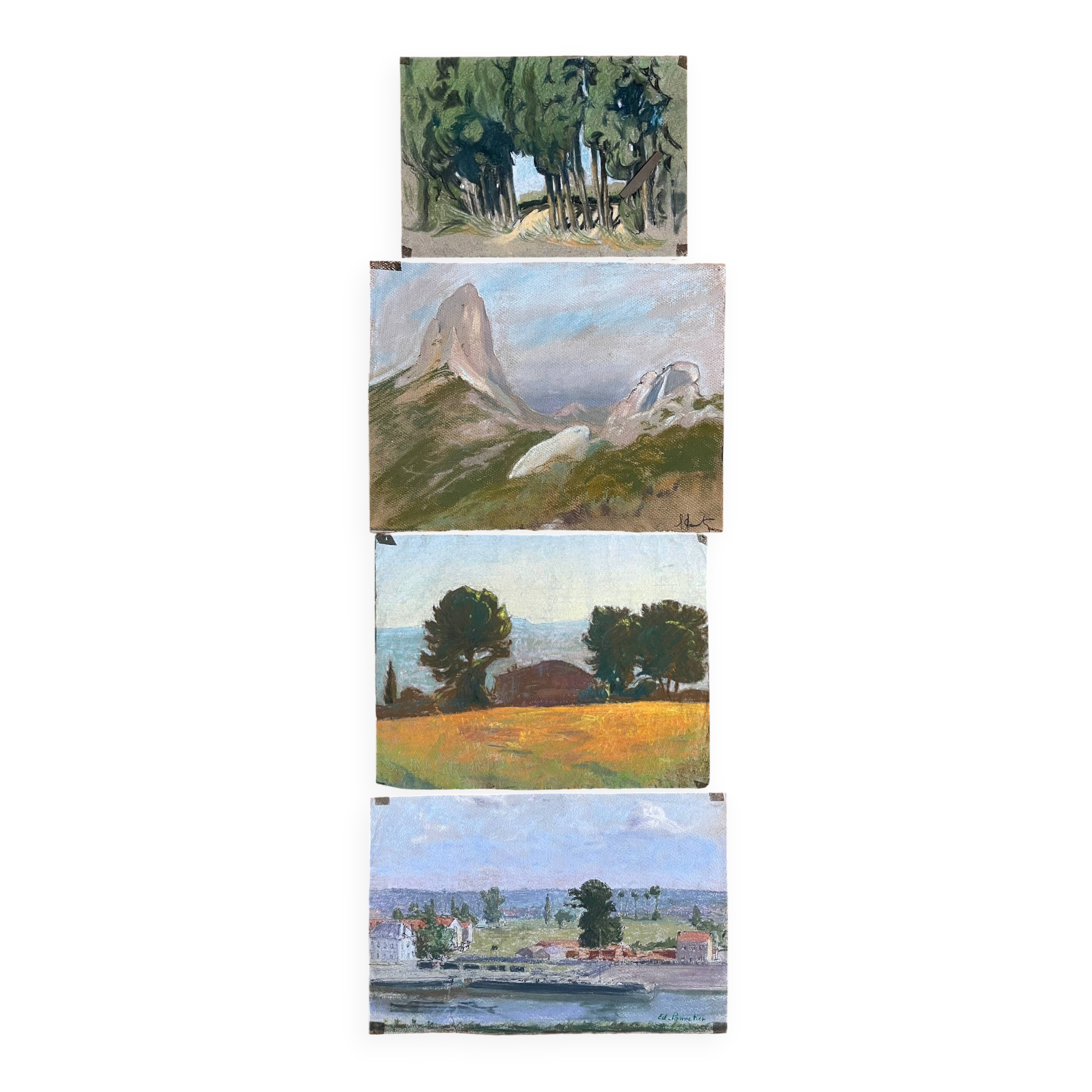 Paintings set of 4 drawings by Ed. Pannetier (1884-1965) Provence Côte d'Azur