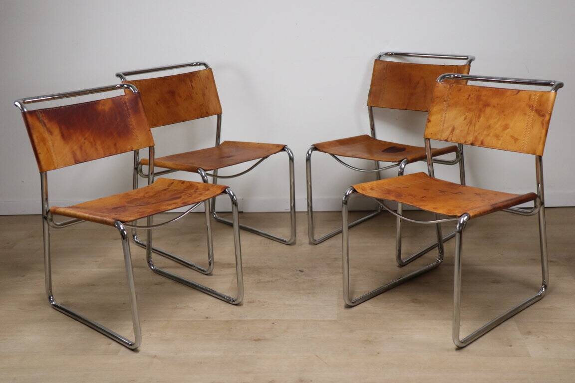 Set of 4 vintage leather and chrome metal chairs, 1970