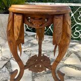Small carved solid walnut side table with marble top