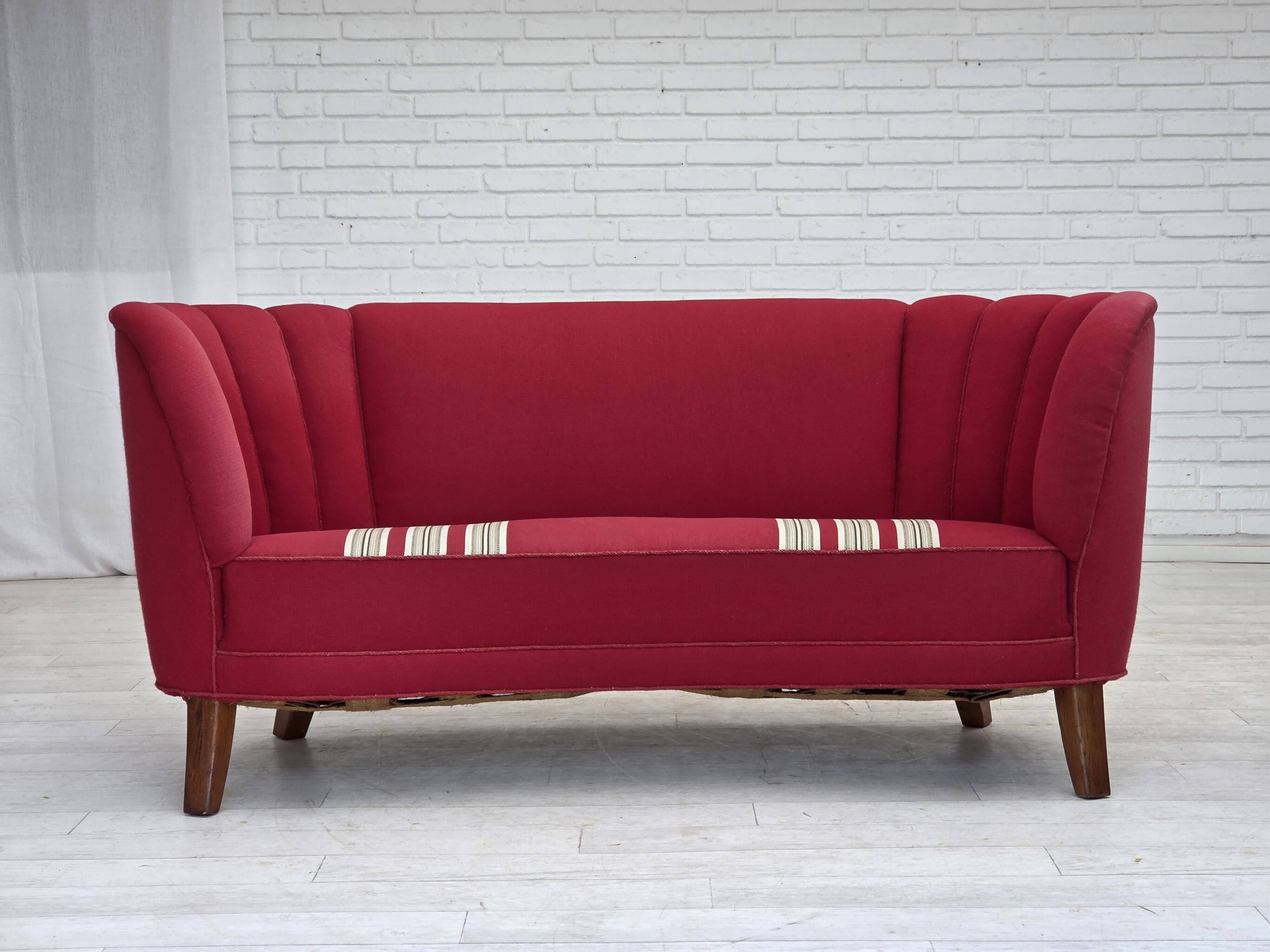 1960s, Danish 2-seater "Banana" sofa, furniture wool, oak wood legs.