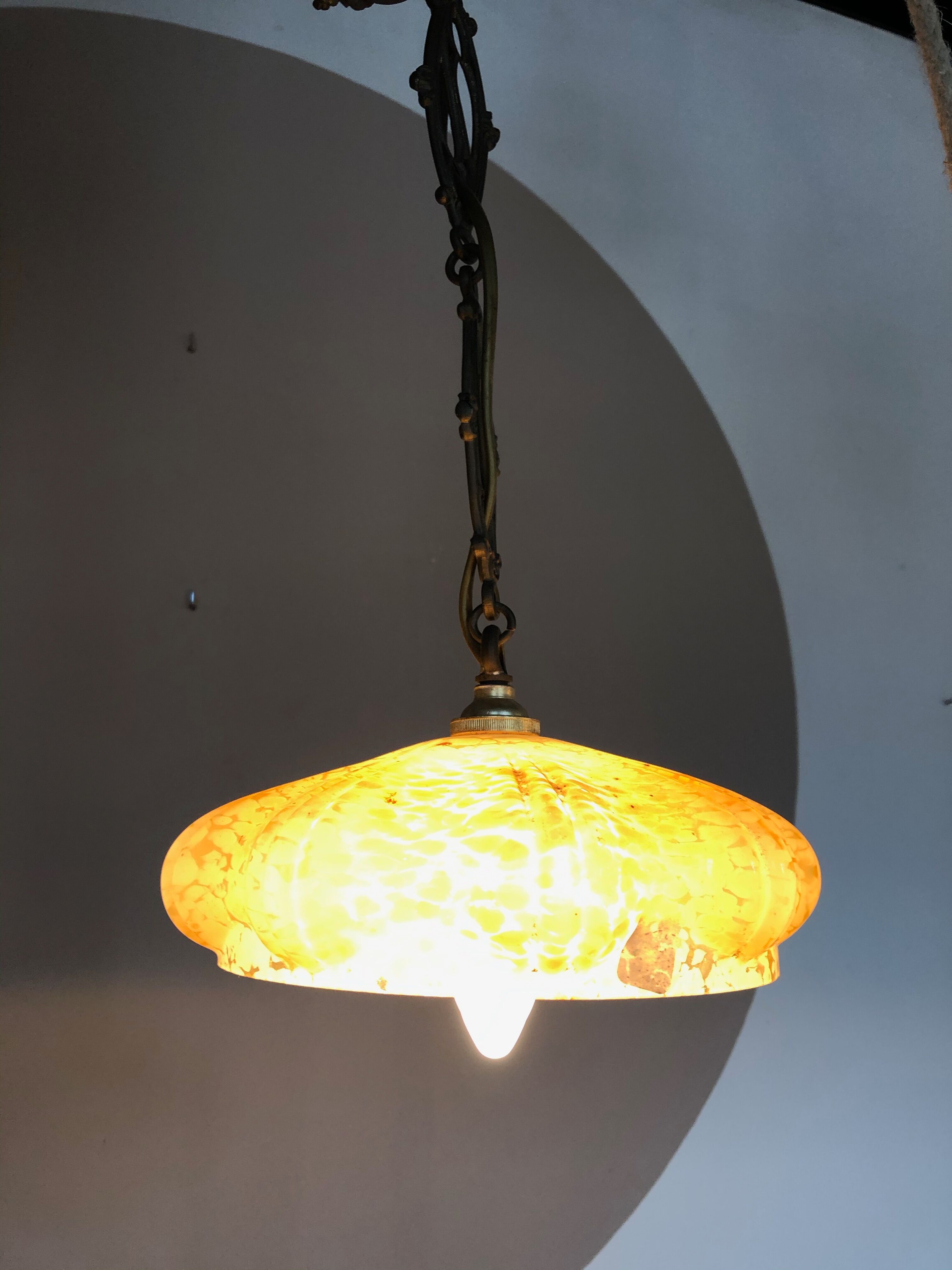 Orange ochre coloured antique glass hanging lamp