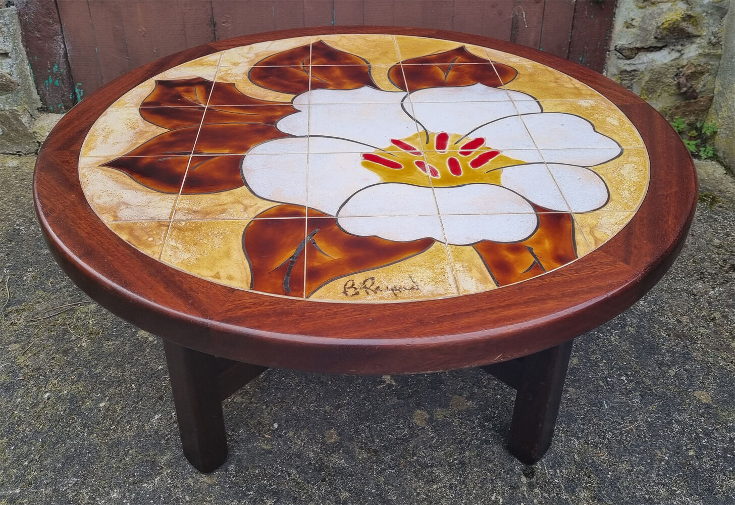 Round coffee table, B. Raynaud ceramics, flowers, vintage, 70s