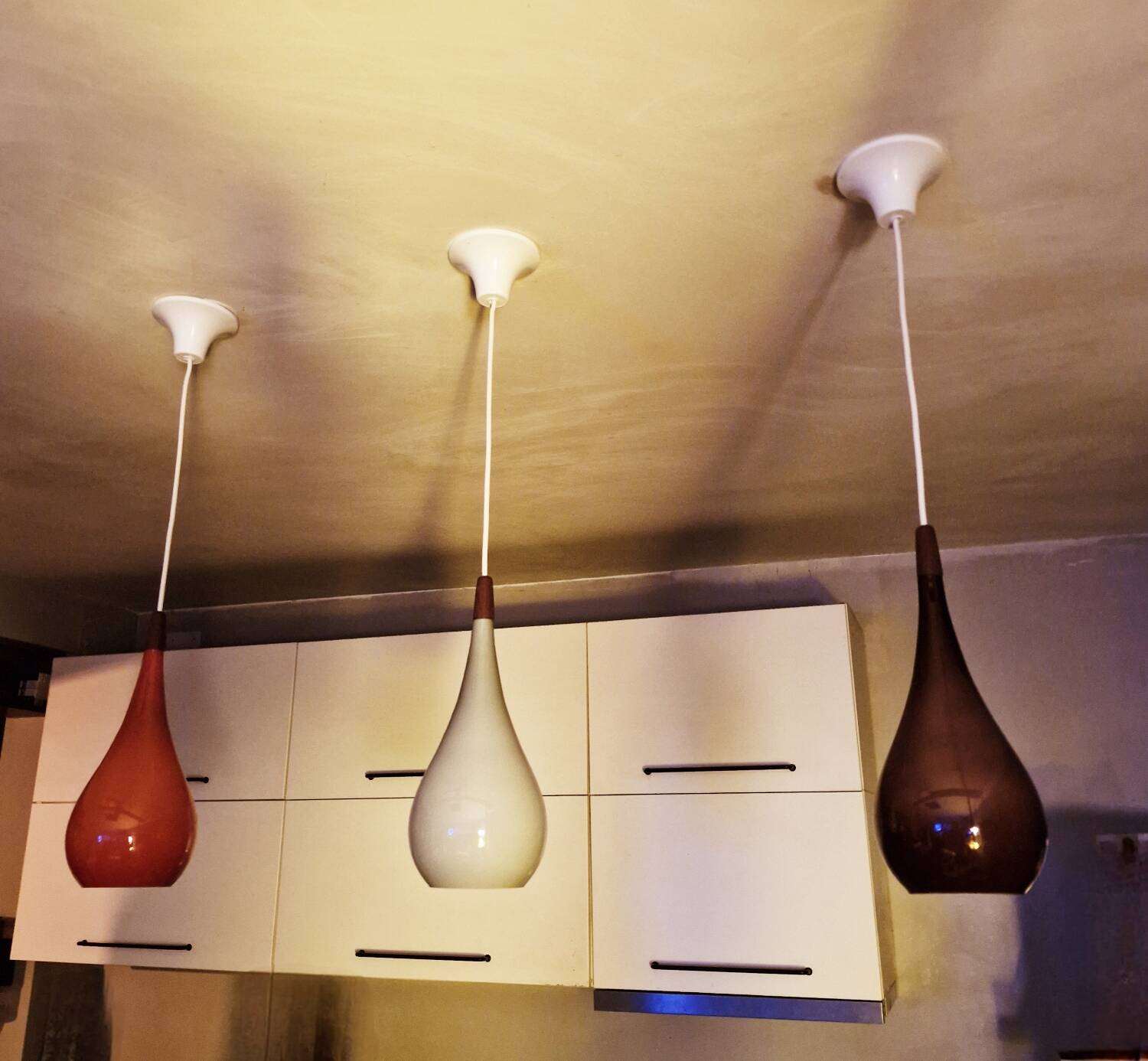 Scandinavian suspension trio Holmegaard 1960, opal glass blown.