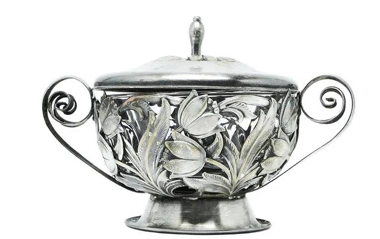 Sugar bowl, postmodernism, silver-plated brass, HEFRA, Poland, 1970s
