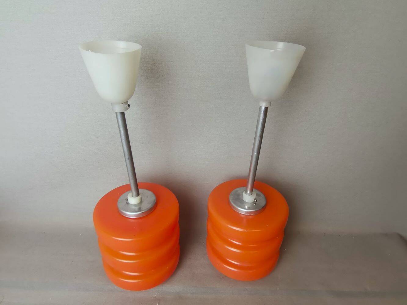 Pair Mid Century Modern MCM orange glass hanging lamps
