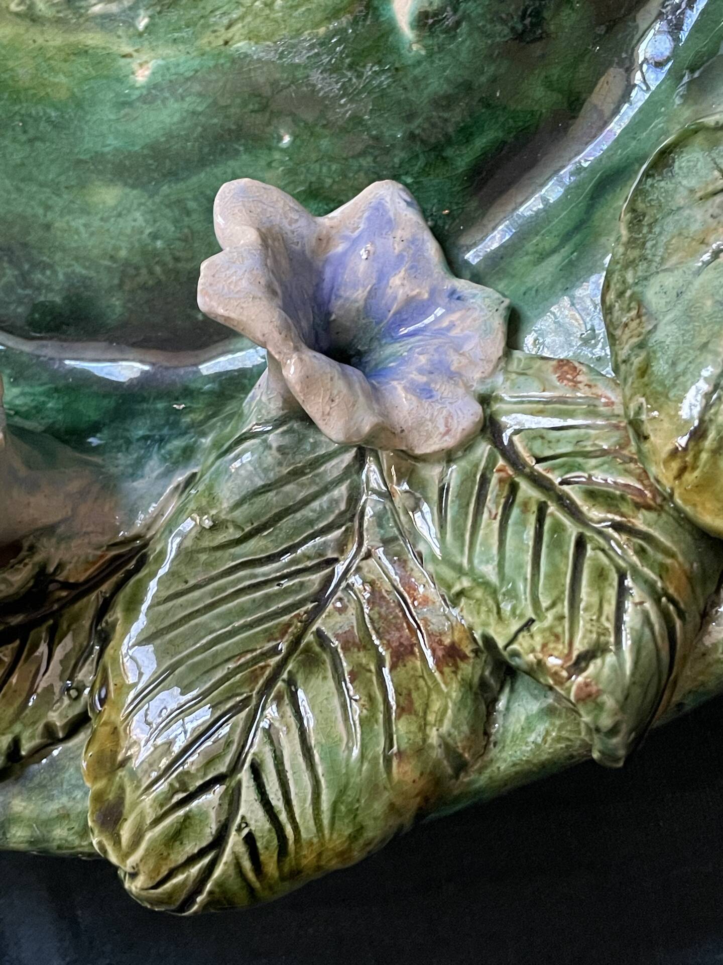 Old Hollow Round Plate in Majolica Barbotine Decorated with Bindweed and Nuts