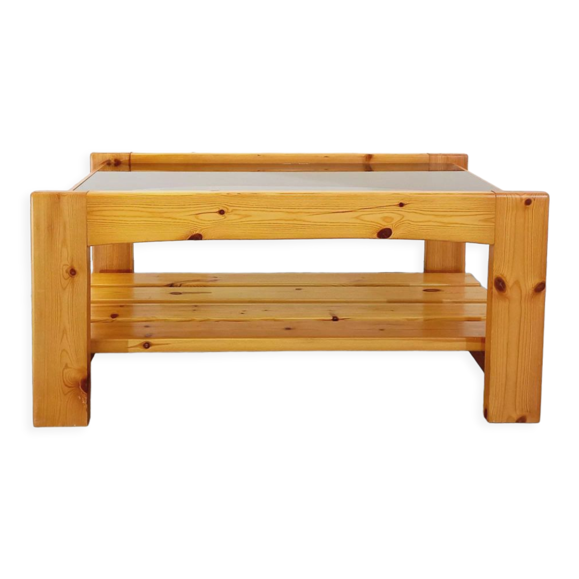 Table basse vintage en pin et verre fumé des années 70 80