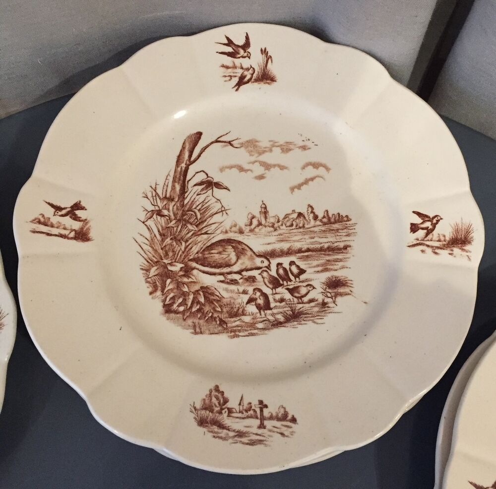 Suite of 9 flat plates in iron earth model burgundy longchamp decor hunting