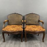 Pair of Louis XV Carved Wood Fluted Armchairs, Late 19th Century