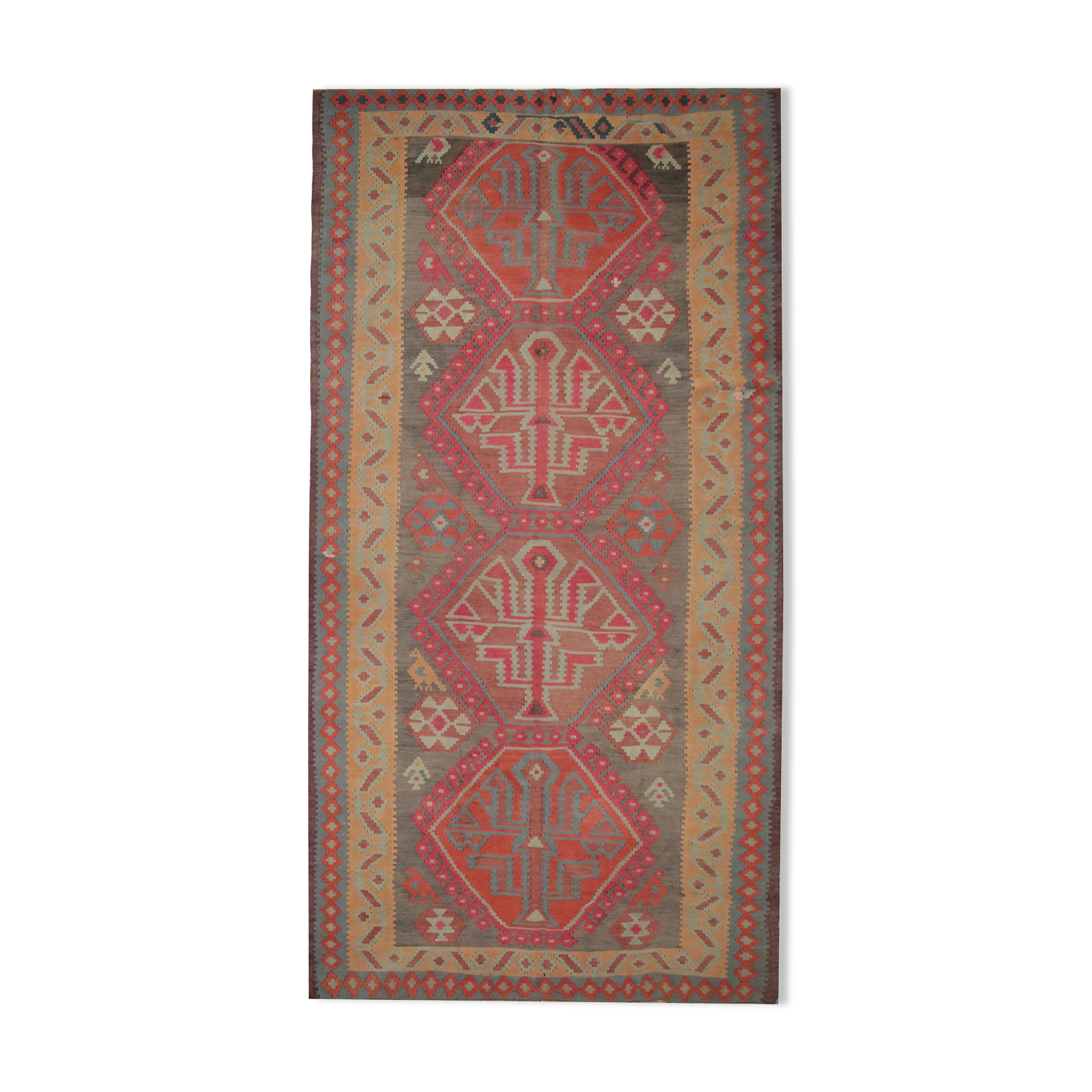 Handwoven vintage kilim rug grey pink wool carpet area rug- 147x342cm