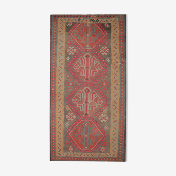 Handwoven vintage kilim rug grey pink wool carpet area rug- 147x342cm