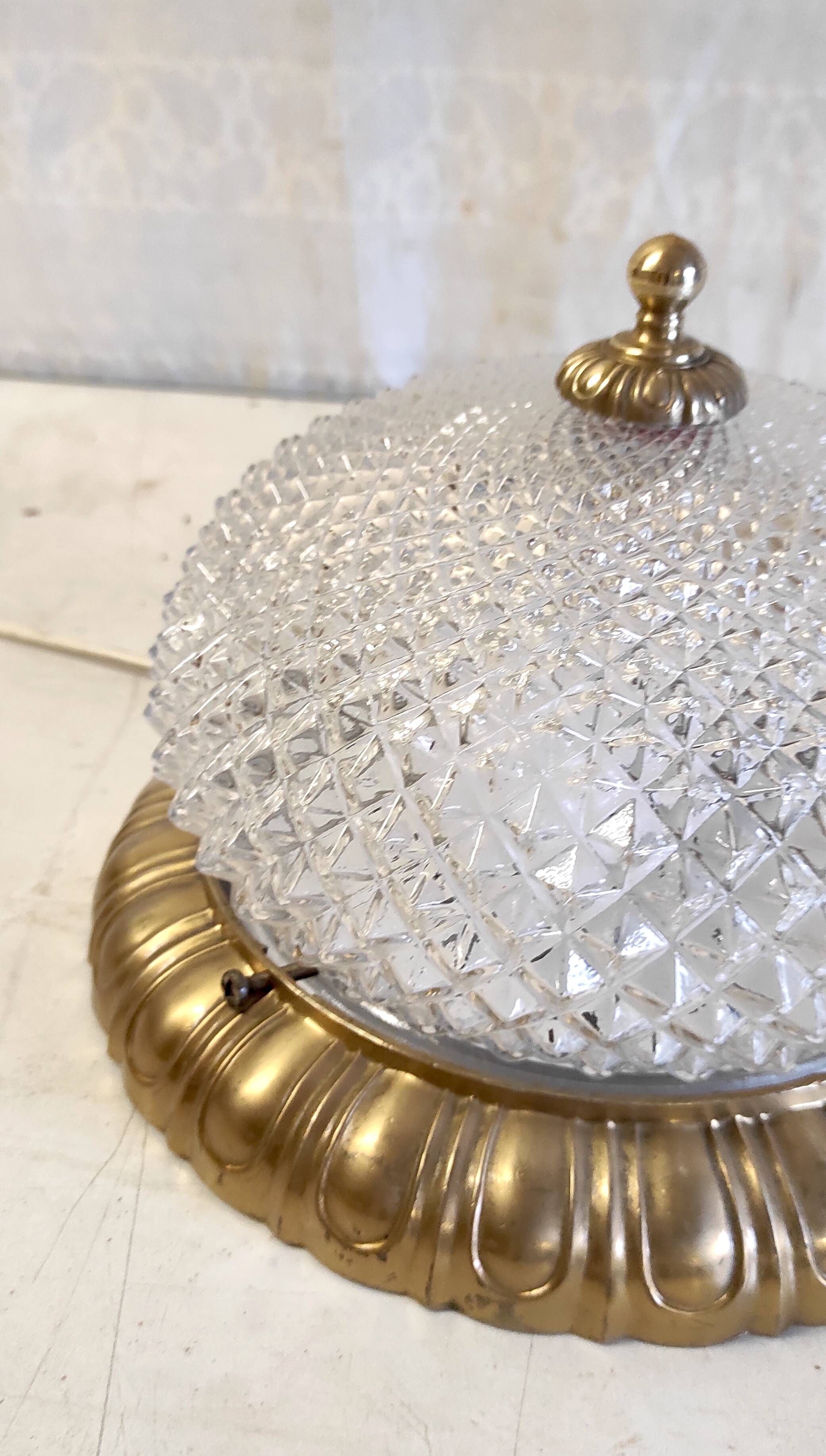 Golden brass ceiling light with diamond-shaped moulded glass - 1980s