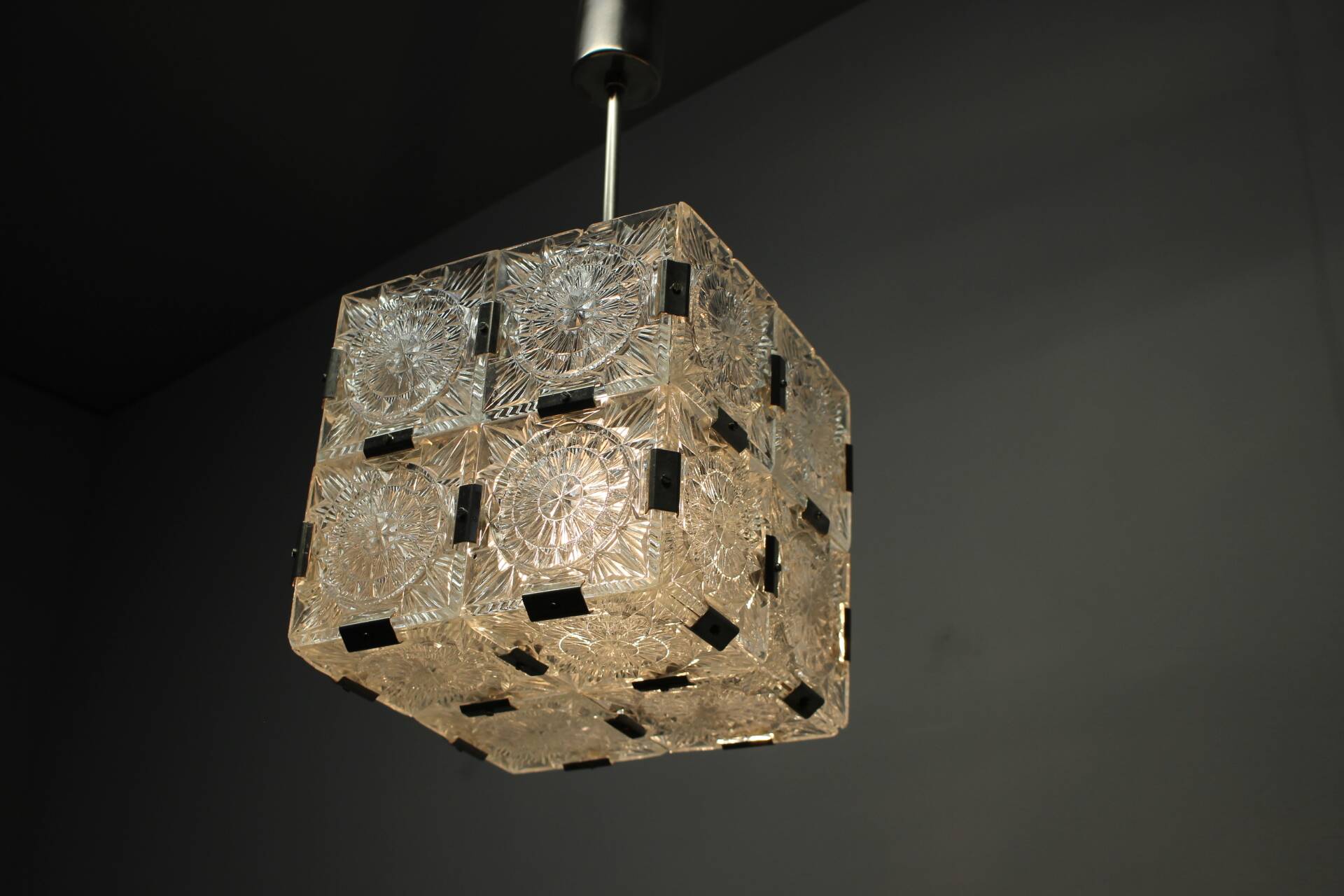 Mid-Century Square Clear Glass Pendant by K. Šenov, 1960s, Czechoslovakia