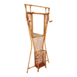 French Bamboo wall coat rack with large mirror, 1960