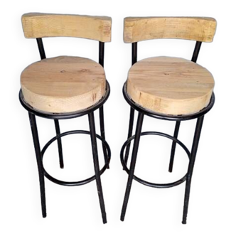 Pair of 2 high metal and solid wood bar stools