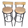Pair of 2 high metal and solid wood bar stools