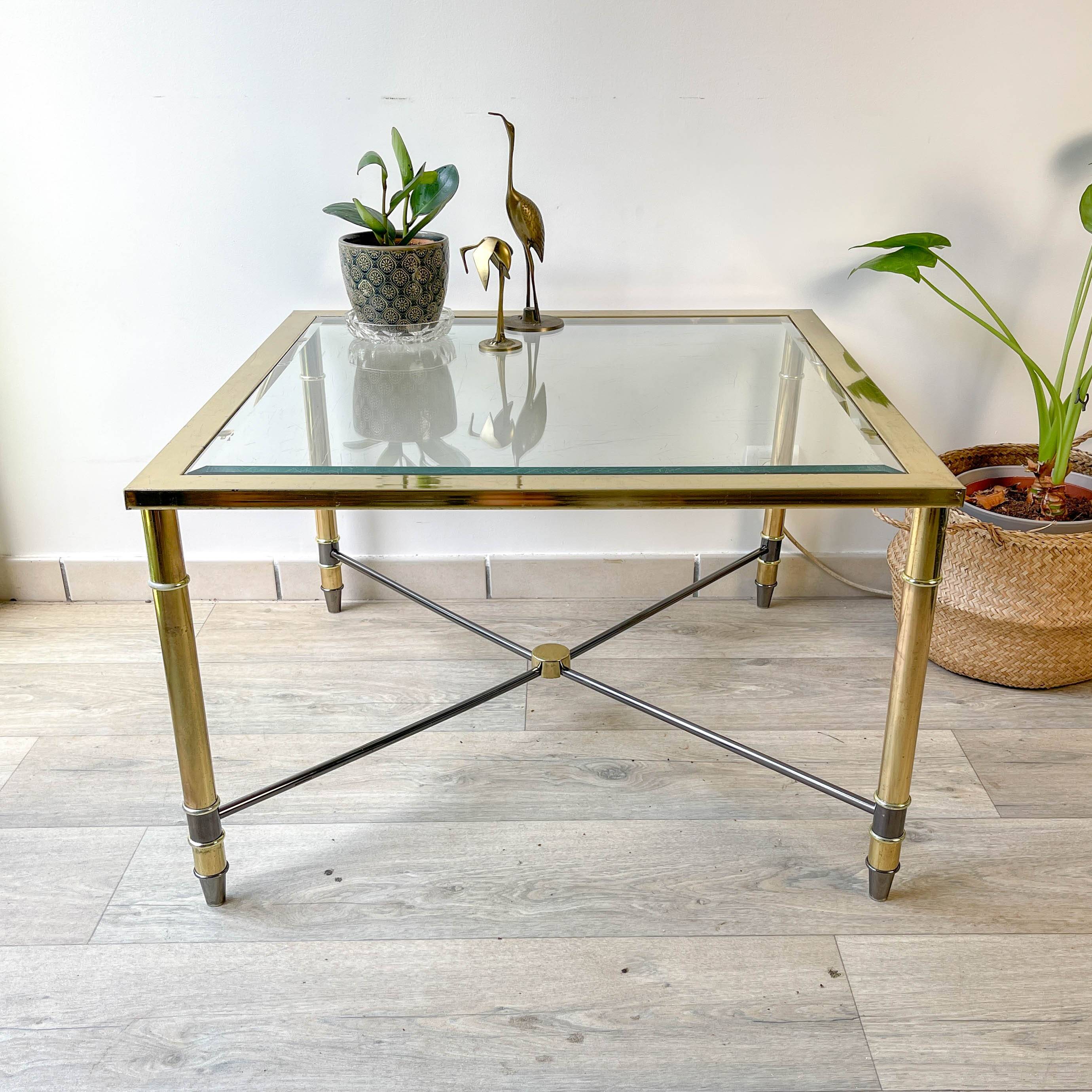 Vintage Brass and Square Beveled Glass Coffee Table