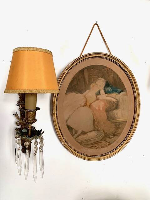 Old romantic engraving, gallant scene from the 19th century, signed, numbered, 1921