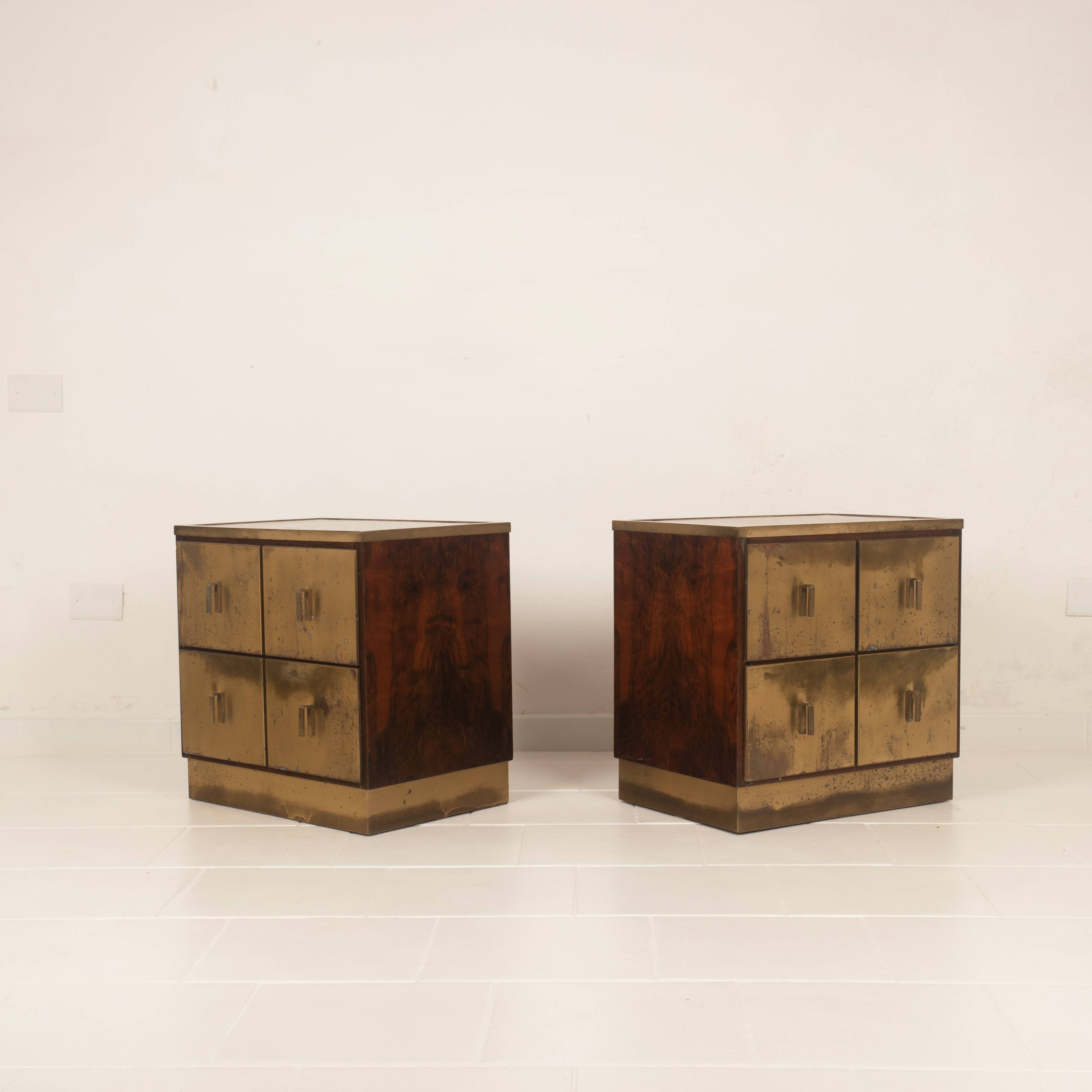 Aldo Frigerio Italian Walnut Burl and Gold-Laminated Brass Bagdad Nightstands