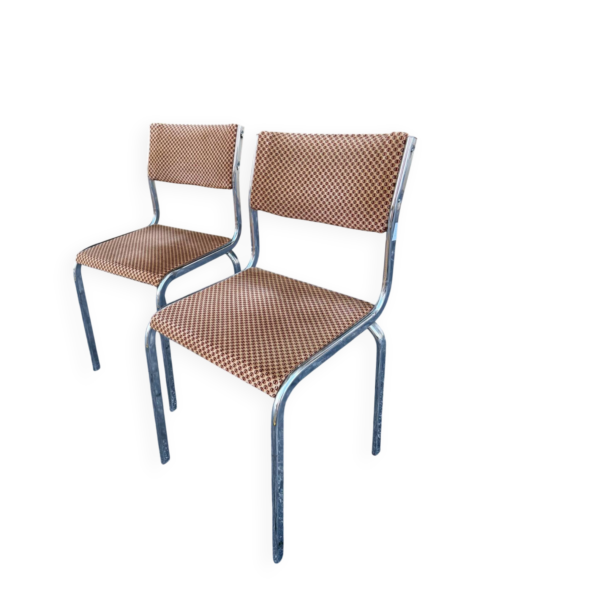 Pair of vintage velvet patterned chairs/steel from the 70s.