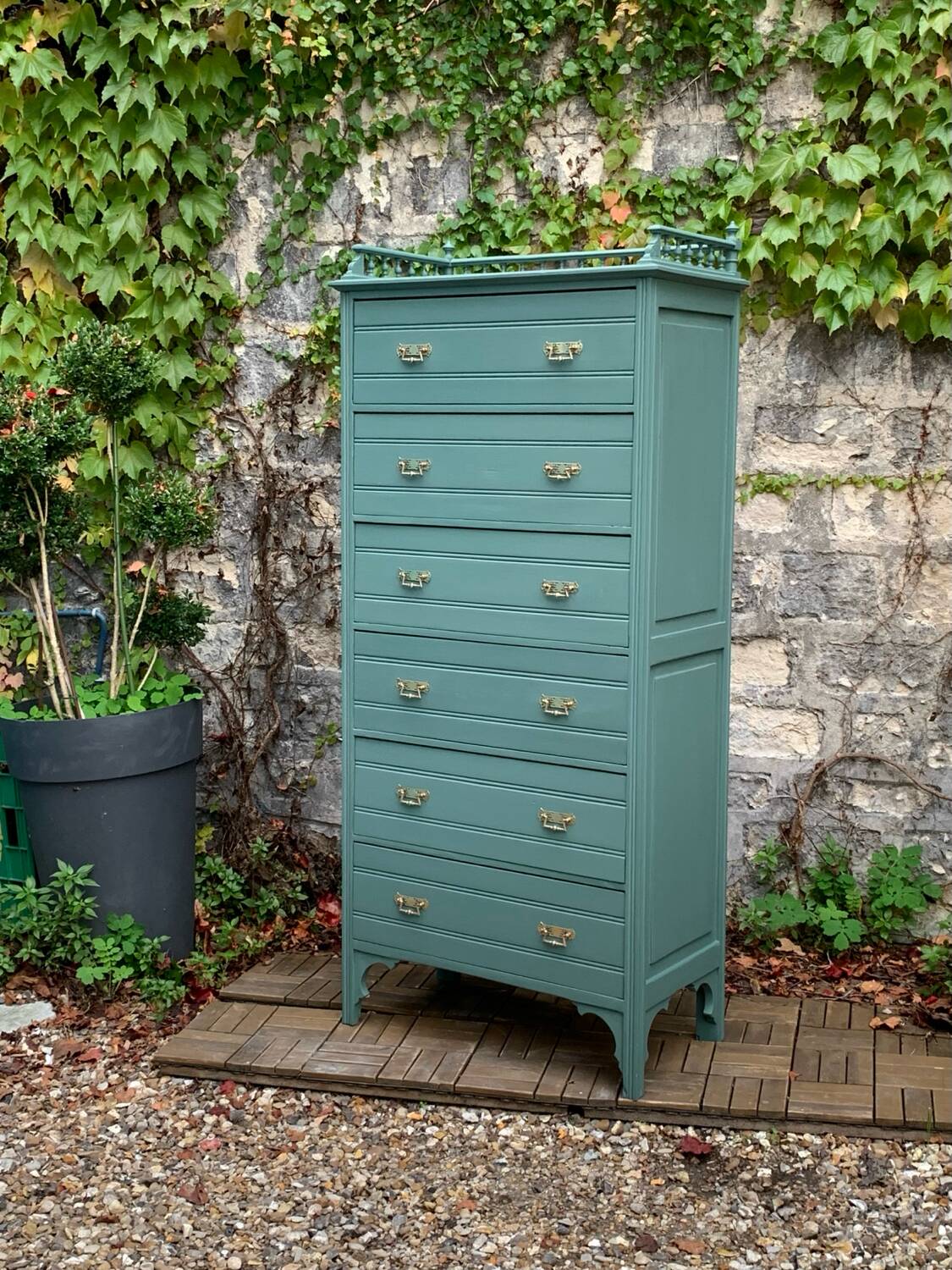 Old grey green high chest of drawers H160