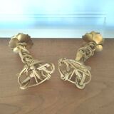 Pair candlestick palm wood and gilded metal