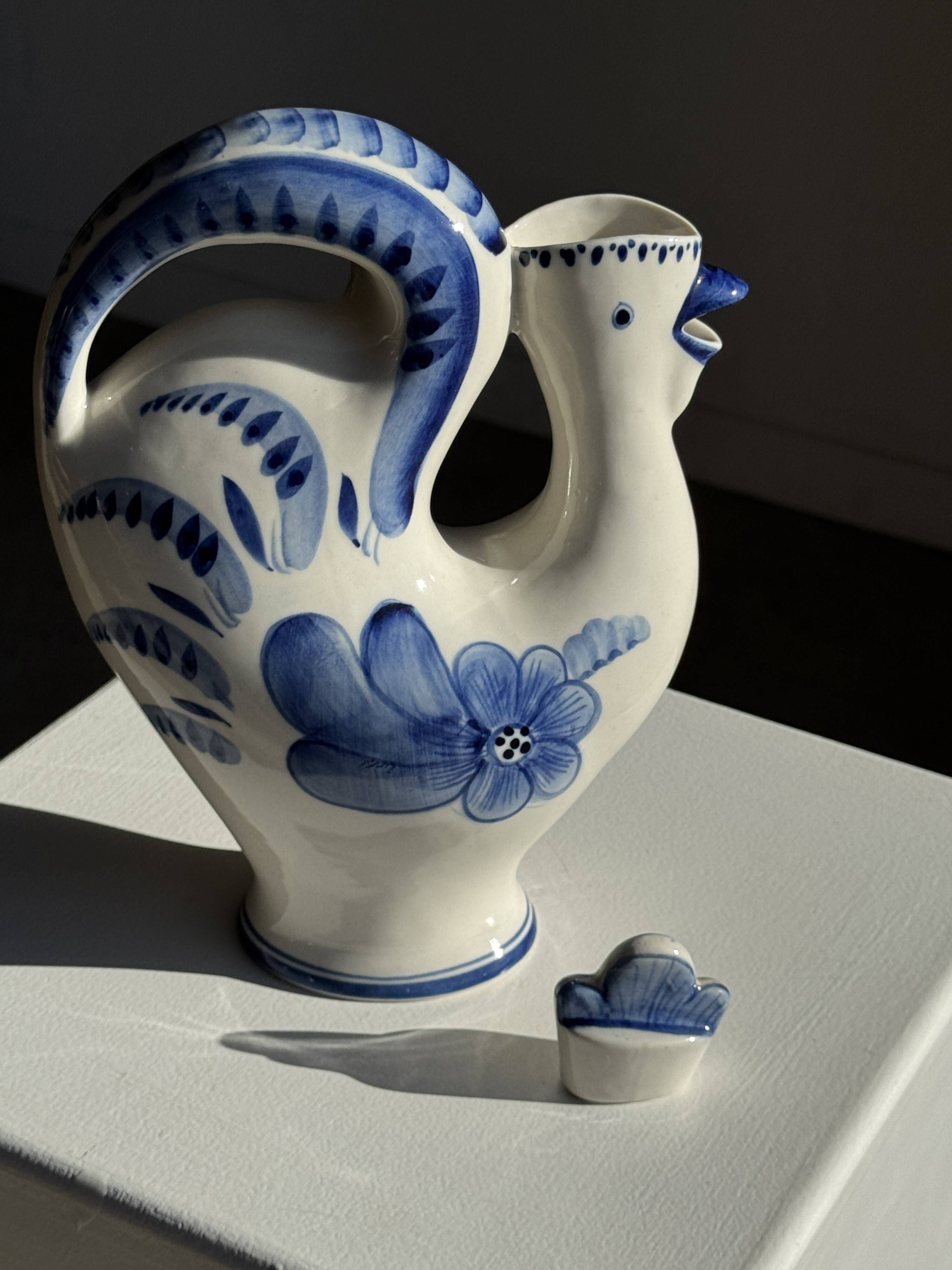 Vintage white ceramic carafe with blue Gjel-style decoration, USSR.