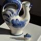 Vintage white ceramic carafe with blue Gjel-style decoration, USSR.