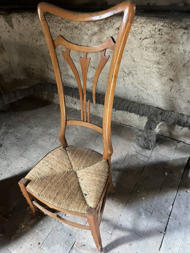 Pair of Vintage Art Nouveau Chairs in Light Wood and Woven Straw Seat