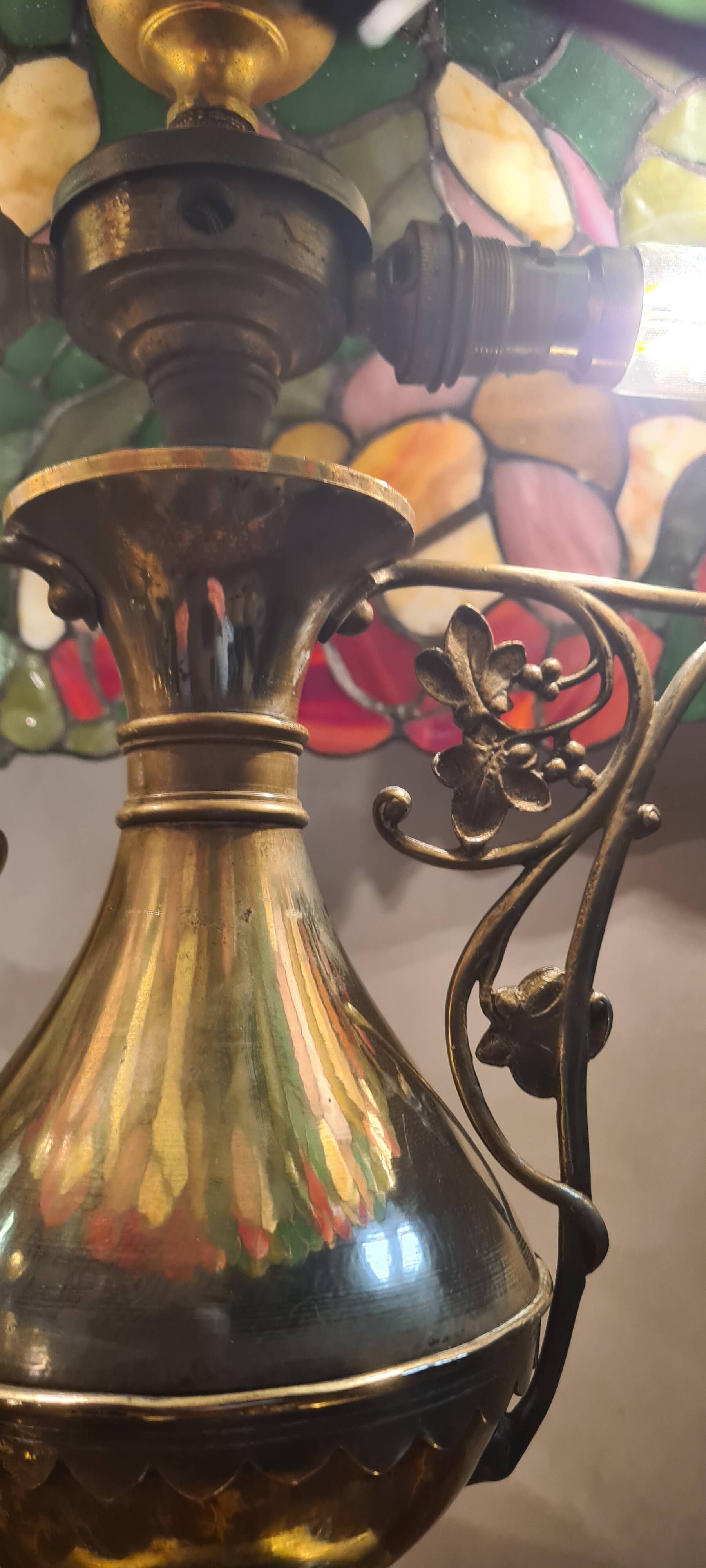 Antique bronze lamp and Tiffany-style stained glass shade. 46x32
