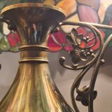 Antique bronze lamp and Tiffany-style stained glass shade. 46x32