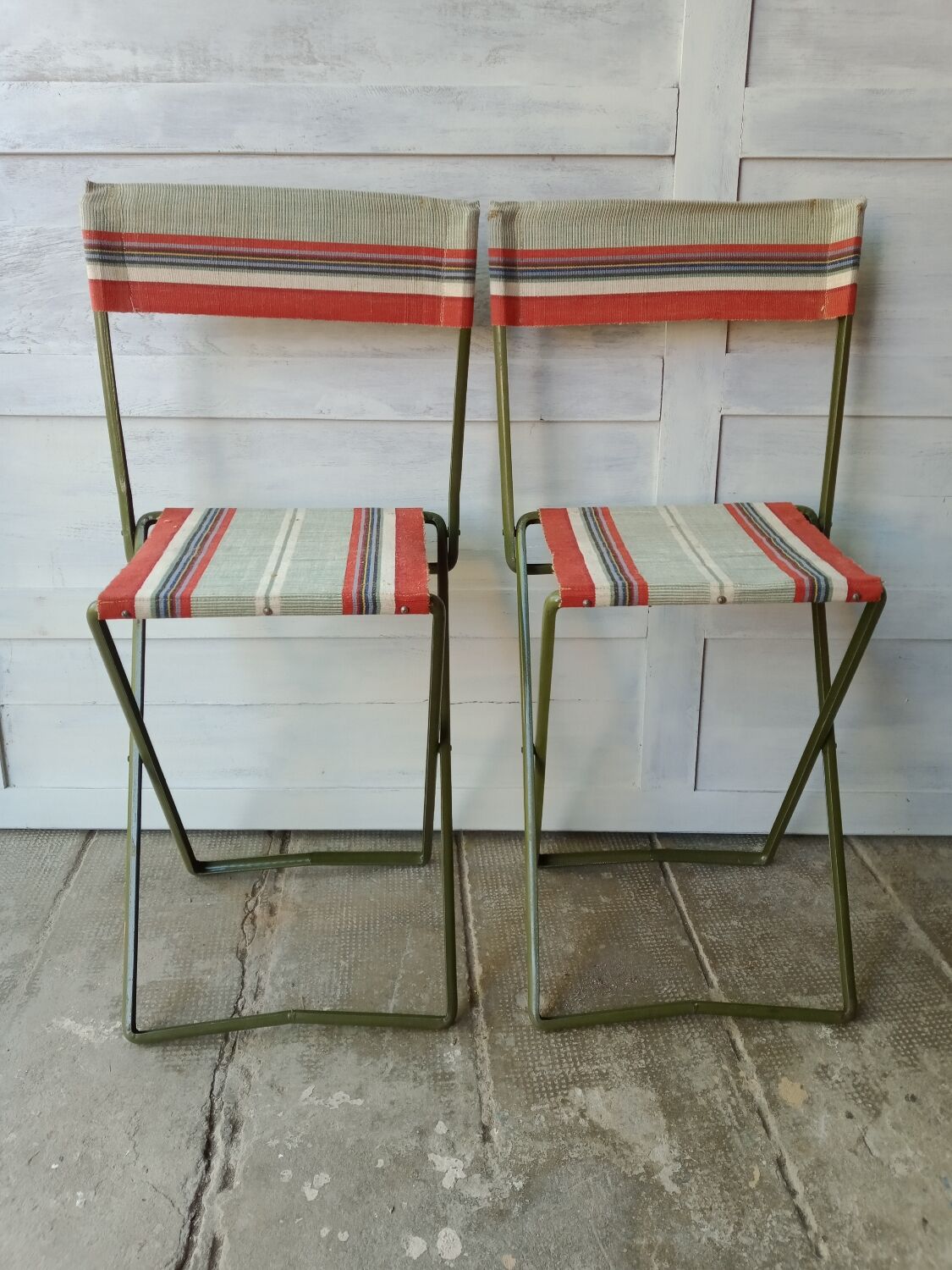 Vintage metal and canvas folding camping chairs