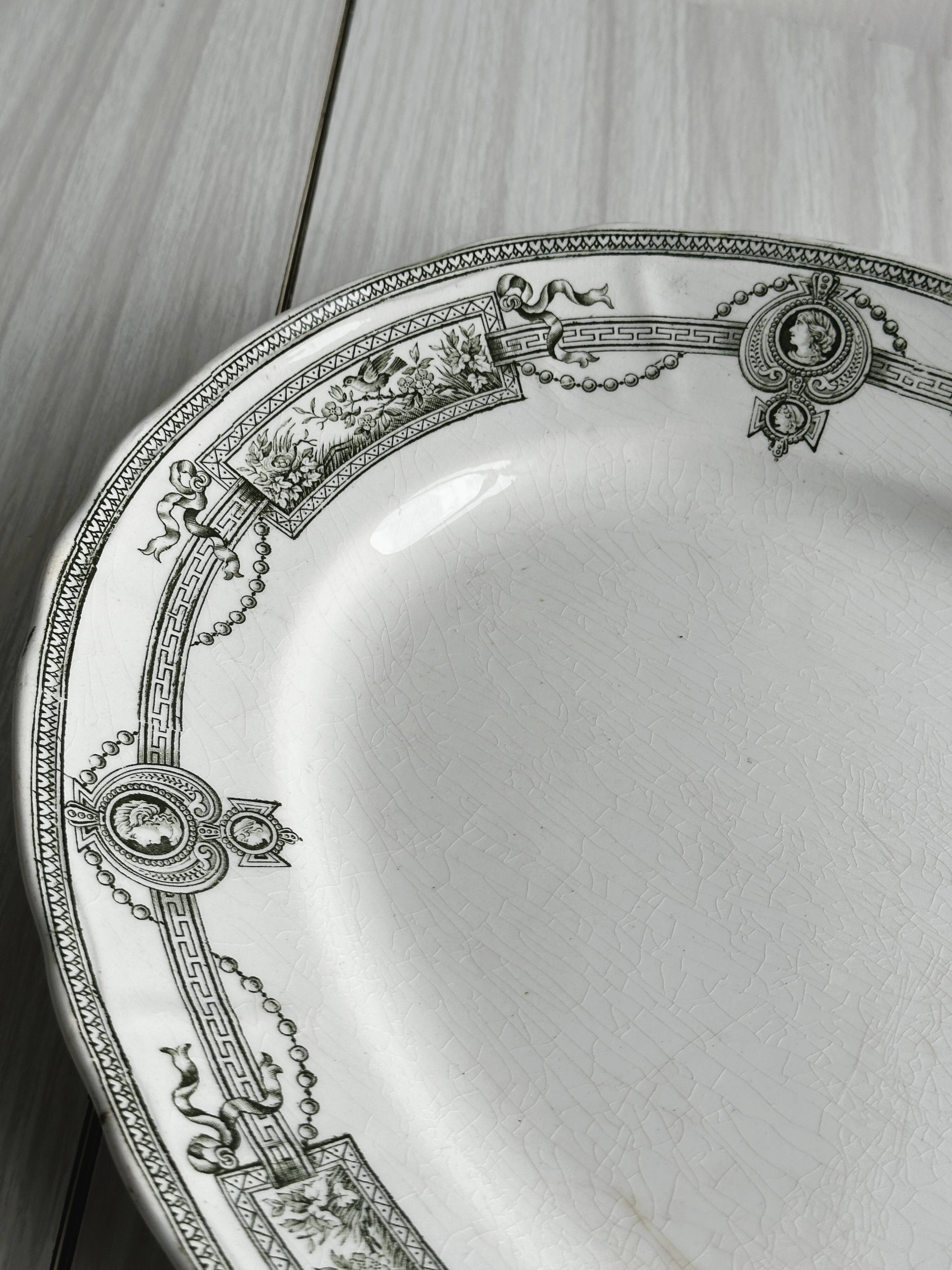 Antique oval earthenware dish, black and white neoclassical decor