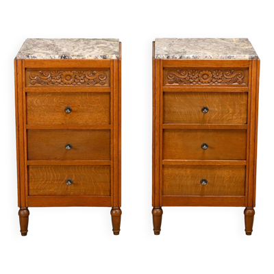 Paire de tables de nuit Art Nouveau / Art Déco en chêne et marbre, années 1930.