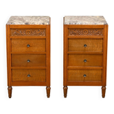 Pair of French Art Nouveau / Art Deco Nightstands oak and marble, 1930s