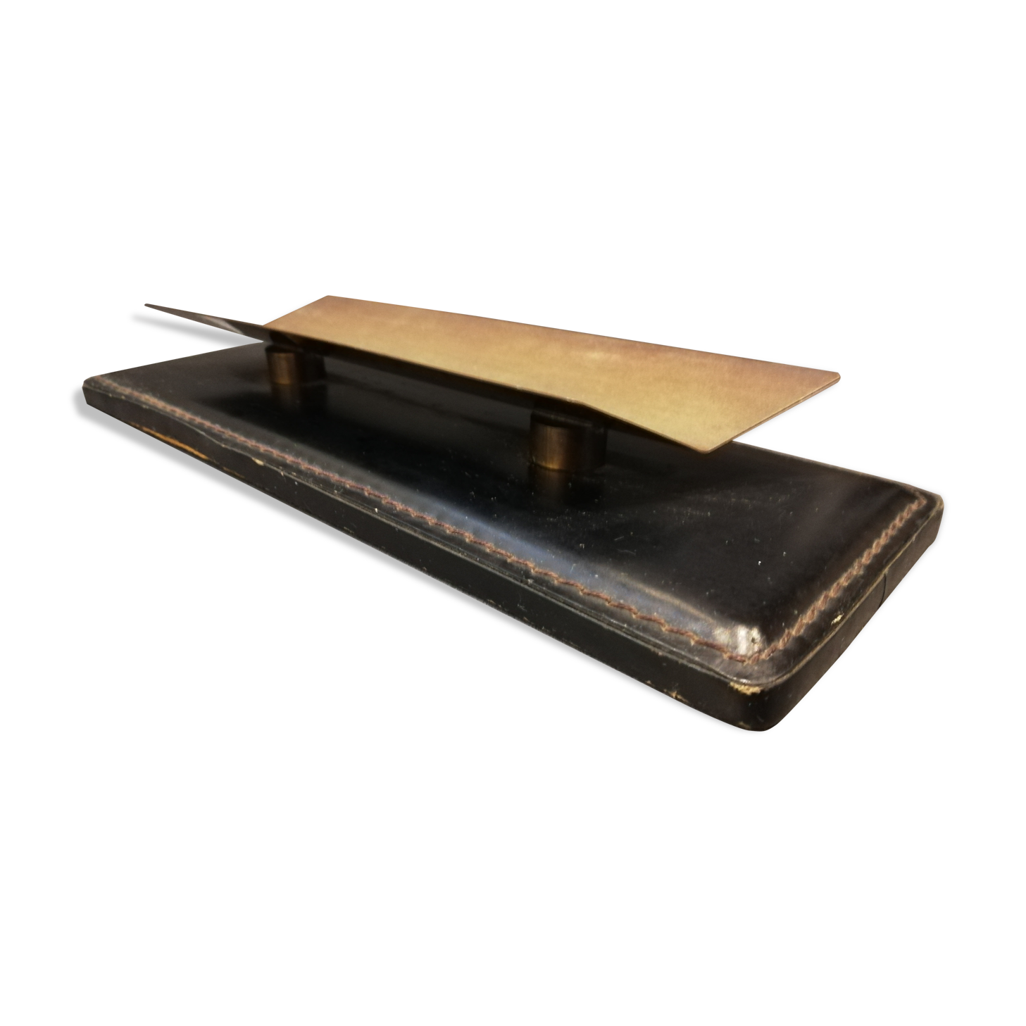 Set office stitched leather and brass wears feather pens