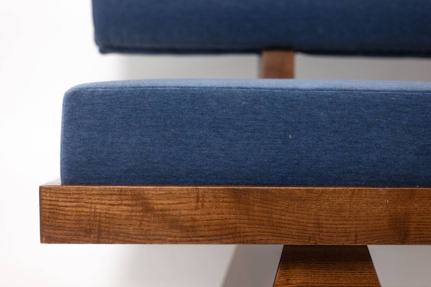 Three-seater bench in light ash and blue mohair velvet. Contemporary.