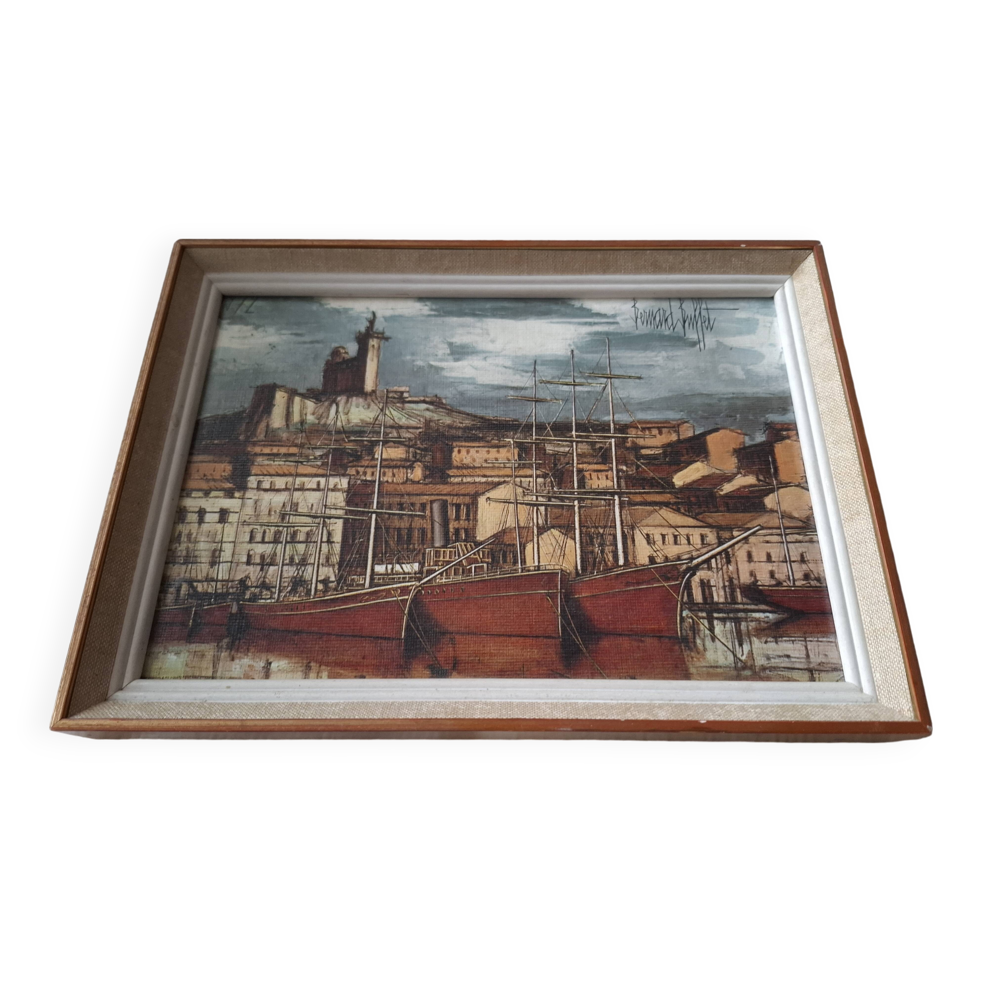 Tableau bernard buffet , marseille , bateaux dans le vieux port , edition braun