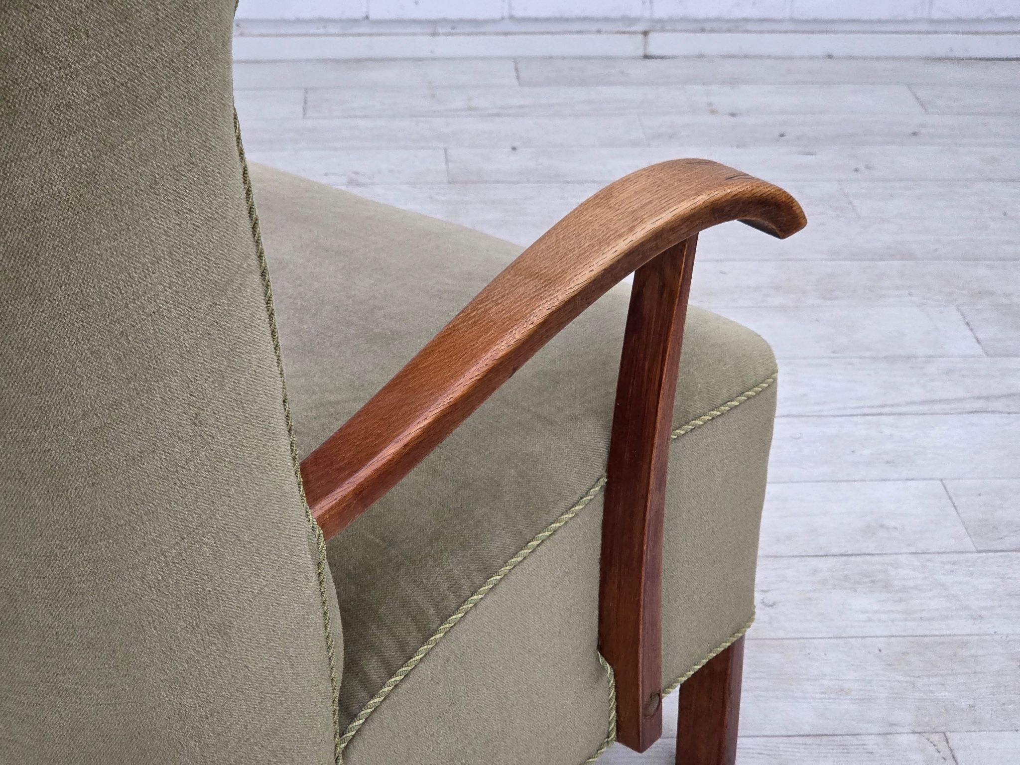 1960s, Danish highback armchair, furniture velour, oak wood.