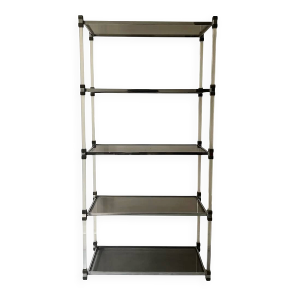 Bibliothèque Hollis Jones en plexiglass, laiton et verre fumé, 1970