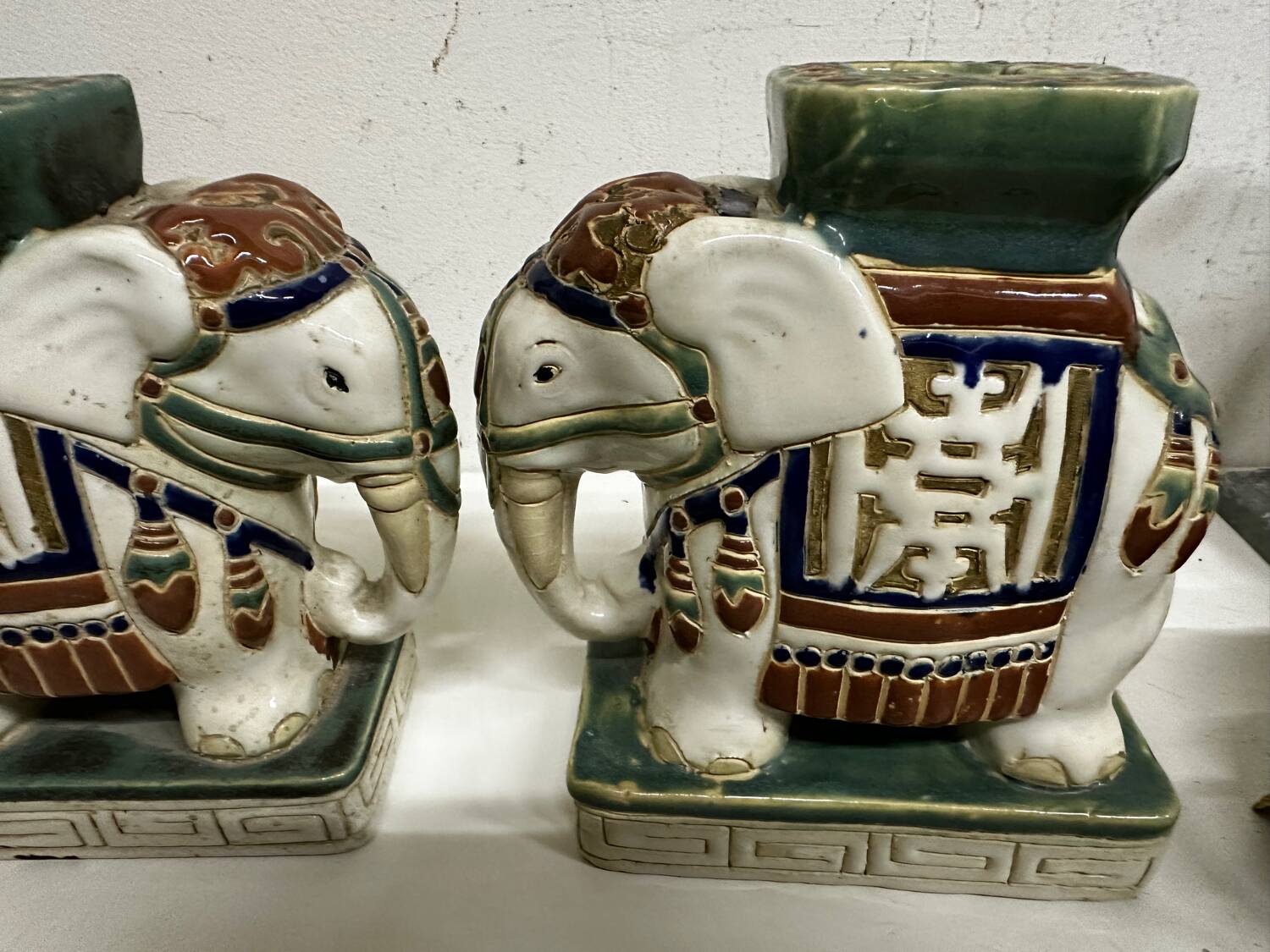 Pair of ceramic elephant plant stands polychrome sculpture - India