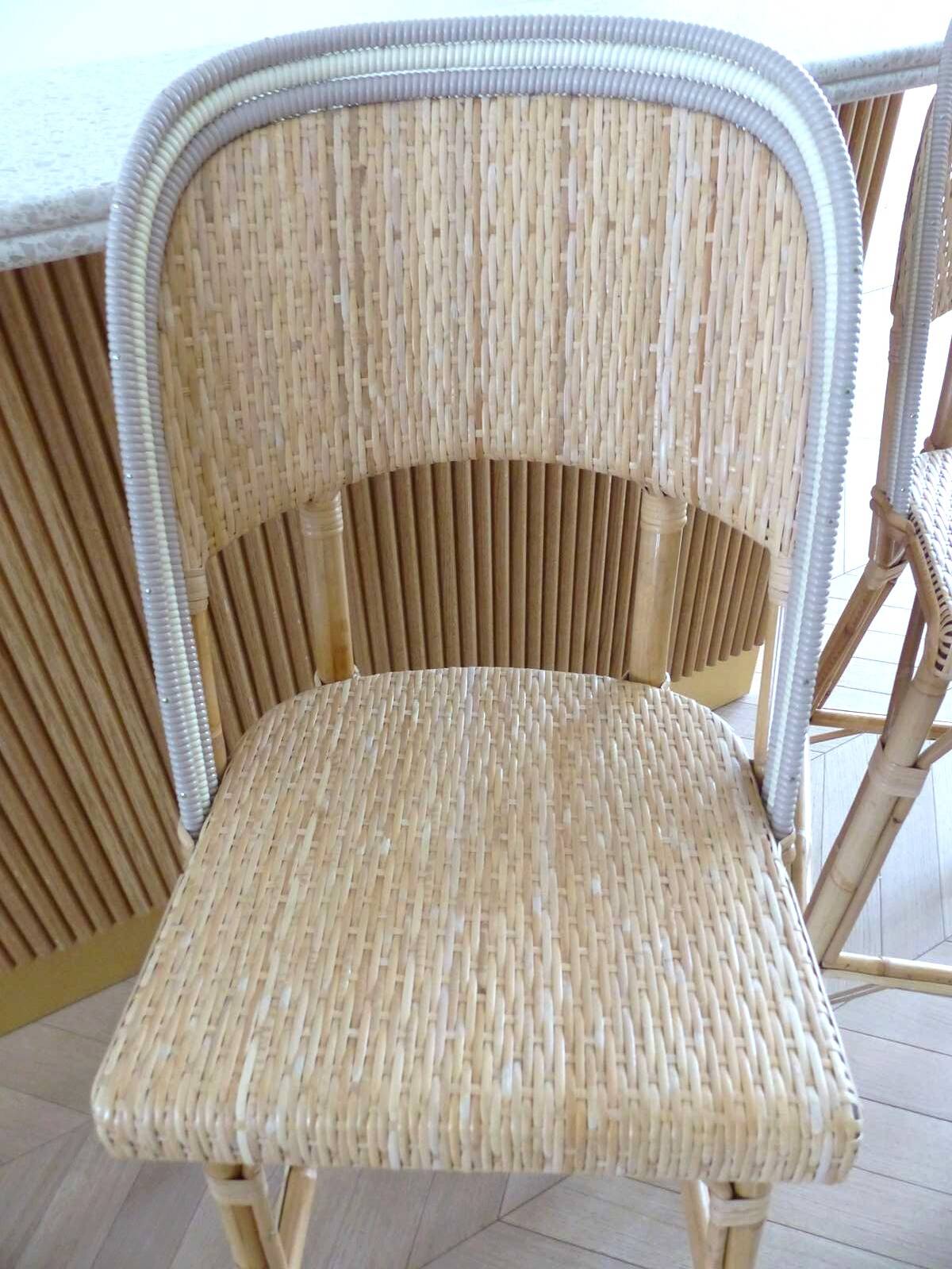 Lot of 3 Maison Louis Drucker light Manila rattan bistro high chairs.