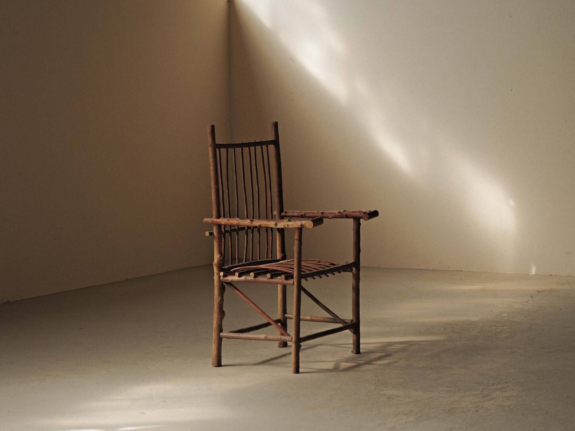 Brutalist armchair made of hazel branches, circa 1970.
