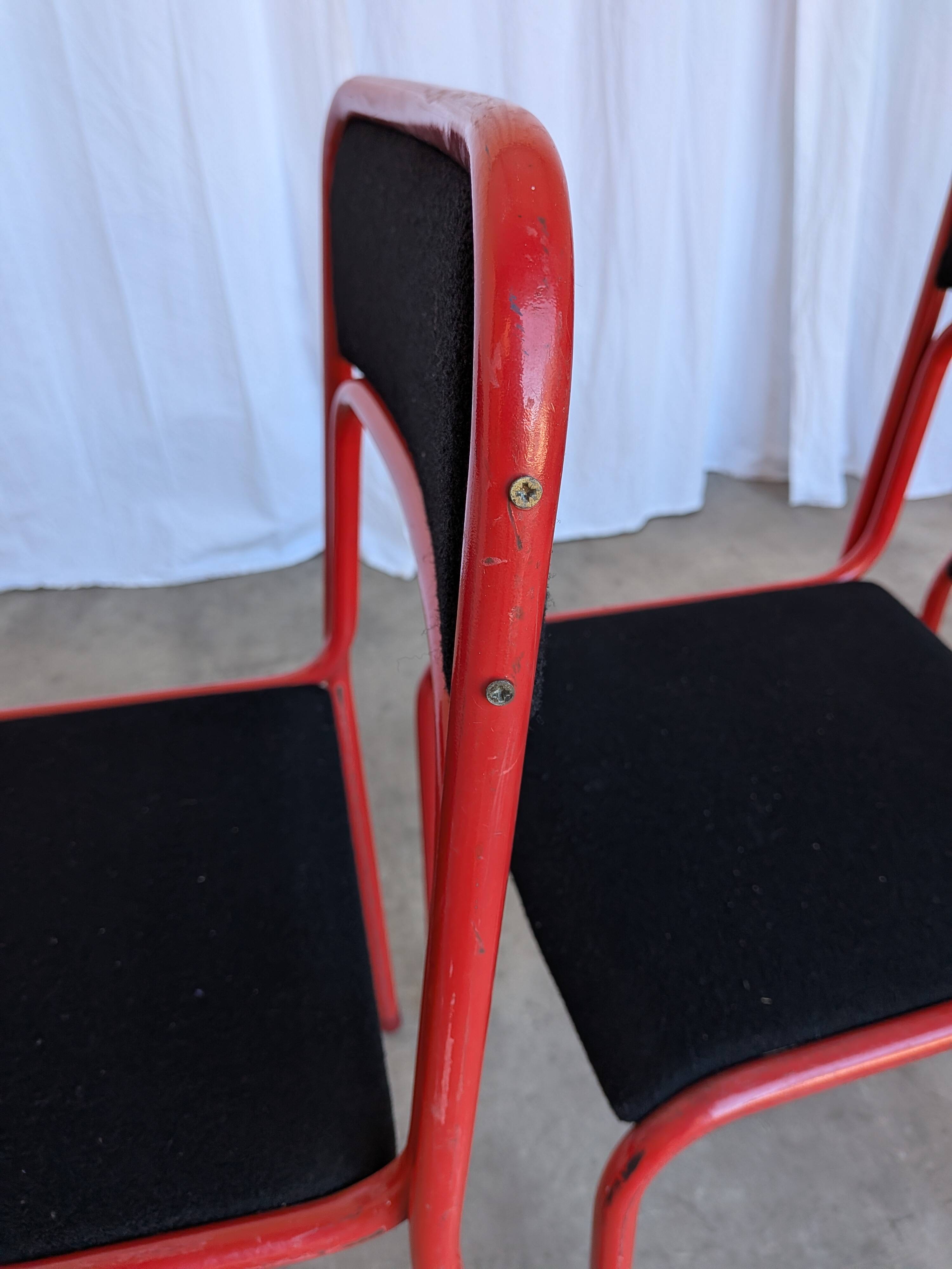 Set of 4 1970s Red & Black Metal Chair: Space Age Stackable Dining Chair