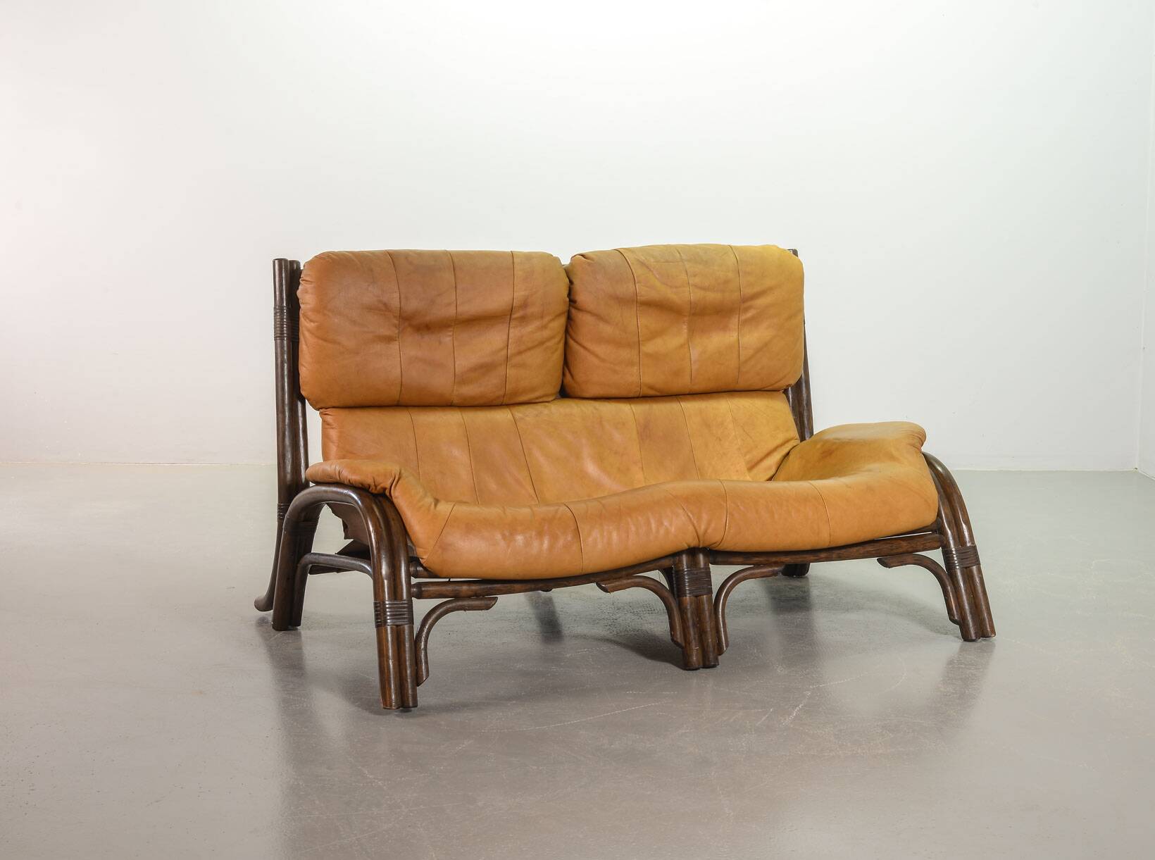 Brutalist Bentwood Love Seat Bamboo Sofa w. Caramel Leather Upholstery, 60s