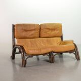 Brutalist Bentwood Love Seat Bamboo Sofa w. Caramel Leather Upholstery, 60s