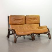 Brutalist Bentwood Love Seat Bamboo Sofa w. Caramel Leather Upholstery, 60s