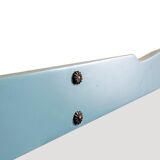 Large antique mirror with a solid wood frame painted turquoise and with red accents, mirror effect glass.